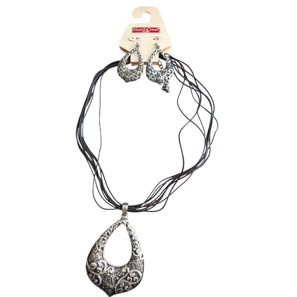 Northcrest Classic Silver Tone Pendant Necklace Earrings Set Black Cord Nwt